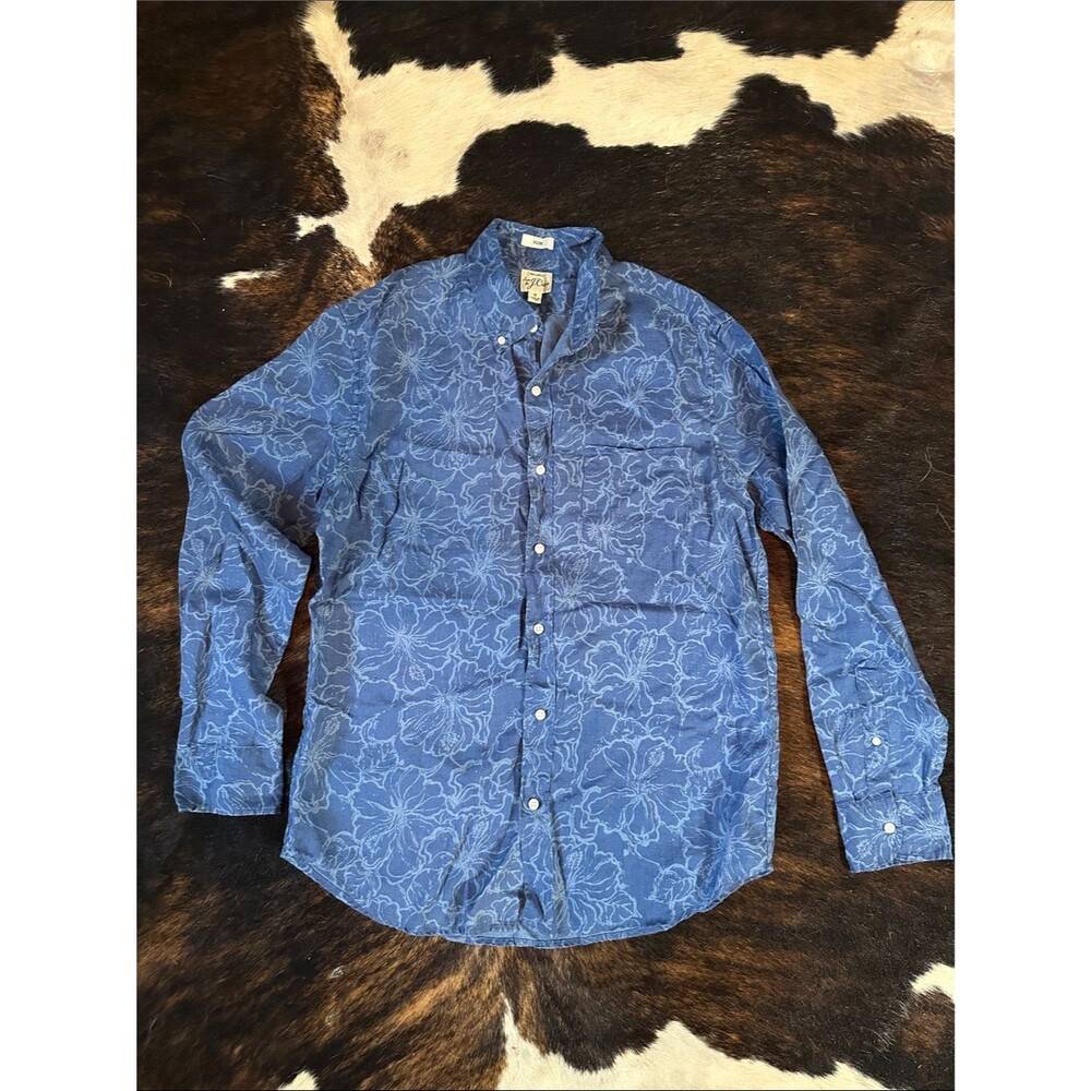 J. Crew Linen Button Up Long Sleeve Shirt, Blue Tropical Floral Men's M Slim Fit